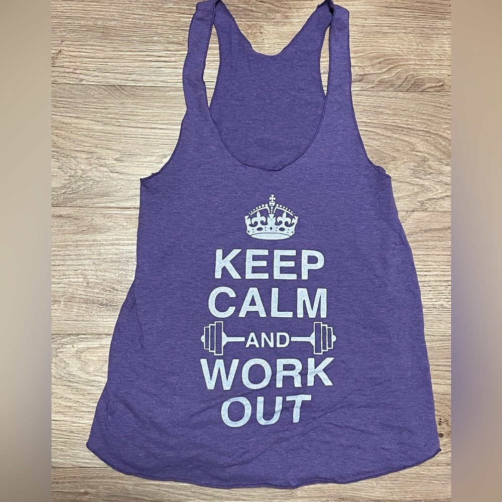 Purple. Keep calm workout tank top. Size Small.